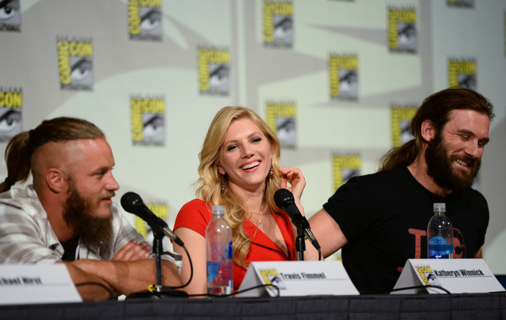 SAN DIEGO, CA - JULY 19: (L-R) Actors Travis Fimmel, Katheryn Winnick and Clive Standen speak at All Hail Vikings Panel during San Diego Comic Con 2013 at San Diego Convention Center on July 19, 2013 in San Diego, California. (Photo by Ethan Miller/WireImage)