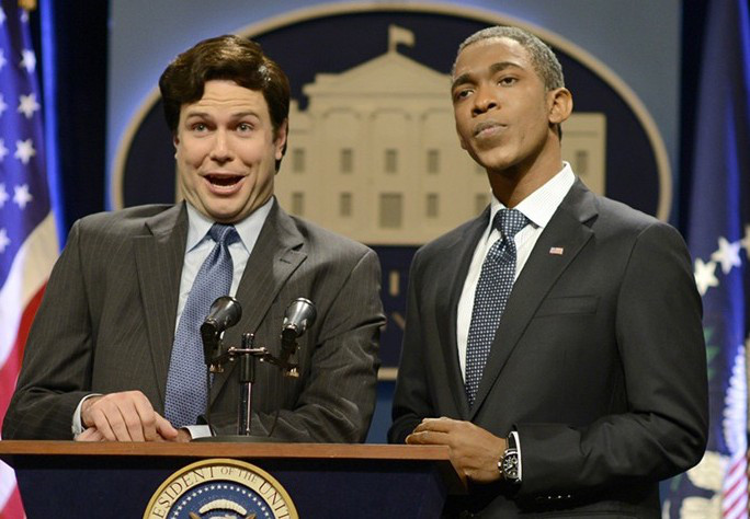 SATURDAY NIGHT LIVE -- "Jim Carrey" Episode 1666 -- Pictured: (l-r) Taran Killam as Ron Klain and Jay Pharoah as President Obama during the "Ebola Czar" skit on October 25, 2014 -- (Photo by: Dana Edelson/NBC/NBCU Photo Bank via Getty Images)
